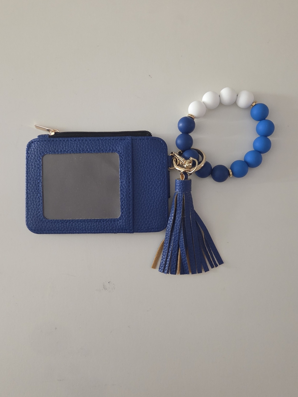 Blue White Solid Wristlet Wallet for Women with Zipper Tassel Credit Card
